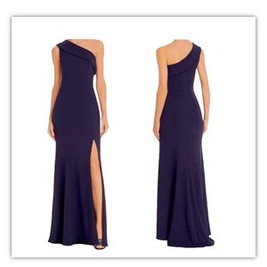 AQUA Off Shoulder Crepe Evening Gown In Navy